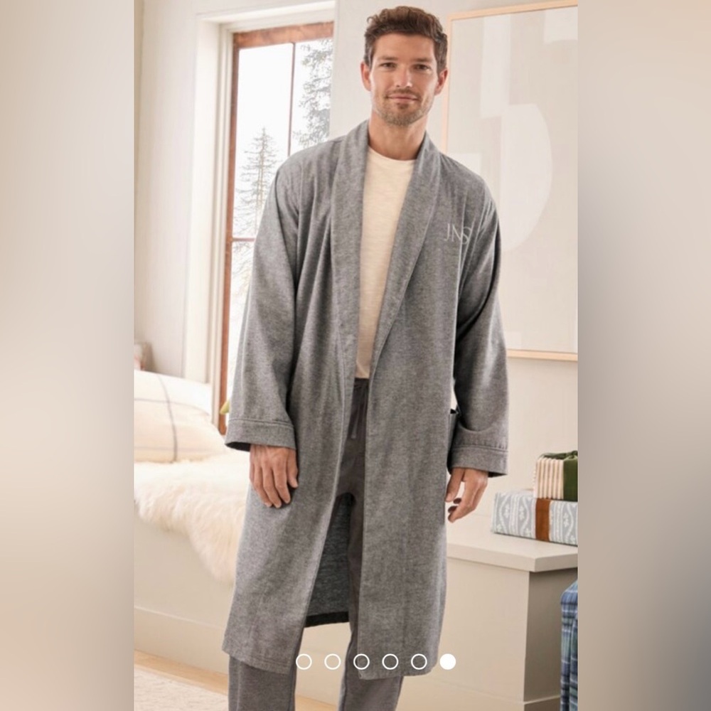 Garnet Hill Men’s Heathered Gray Organic Puma Cotton Robe With Tie Size L. GUC